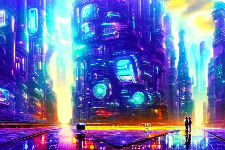 Futuristic cyberpunk street, planet in the sky, impressionism painting