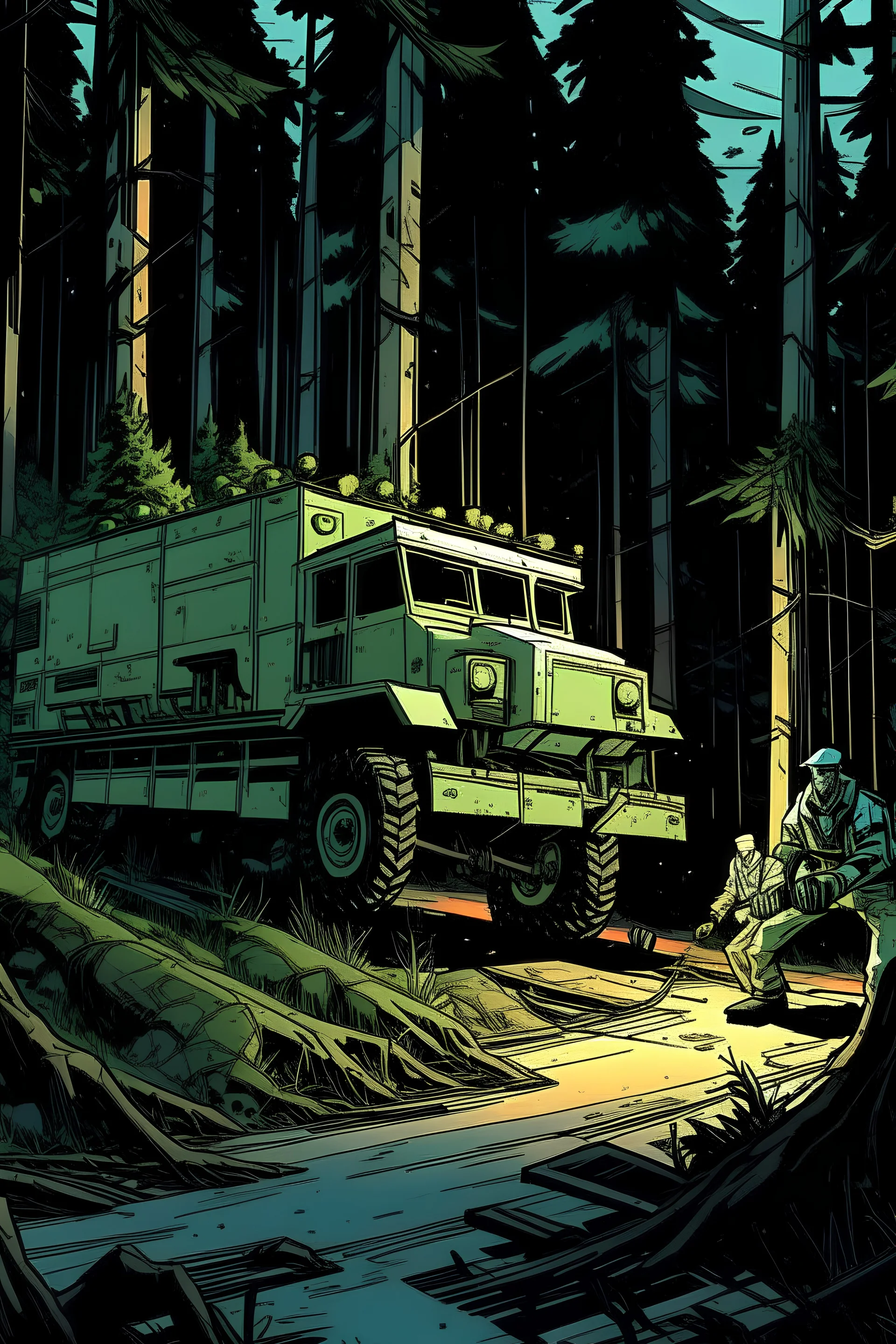 modern American comics, at night, Under a big futuristic cargo truck in the forest, the guards spot the enemies lurking in the woods