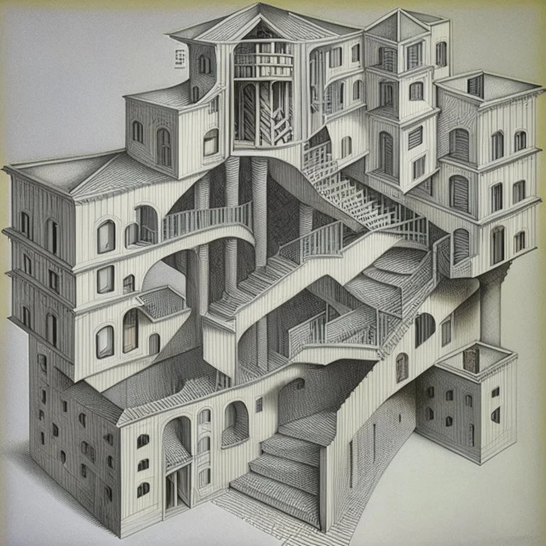 A building in 3 axis with stairs upside down and in several spacial dimensions and directions by artist "Escher" and "Tichenor"