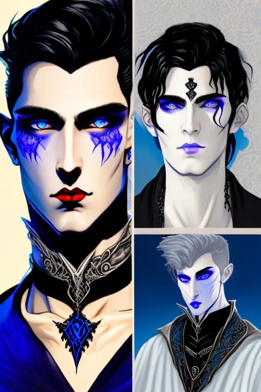 black haired blue eyed young man necromancer wizard with gothic jewelry in the style of nagel