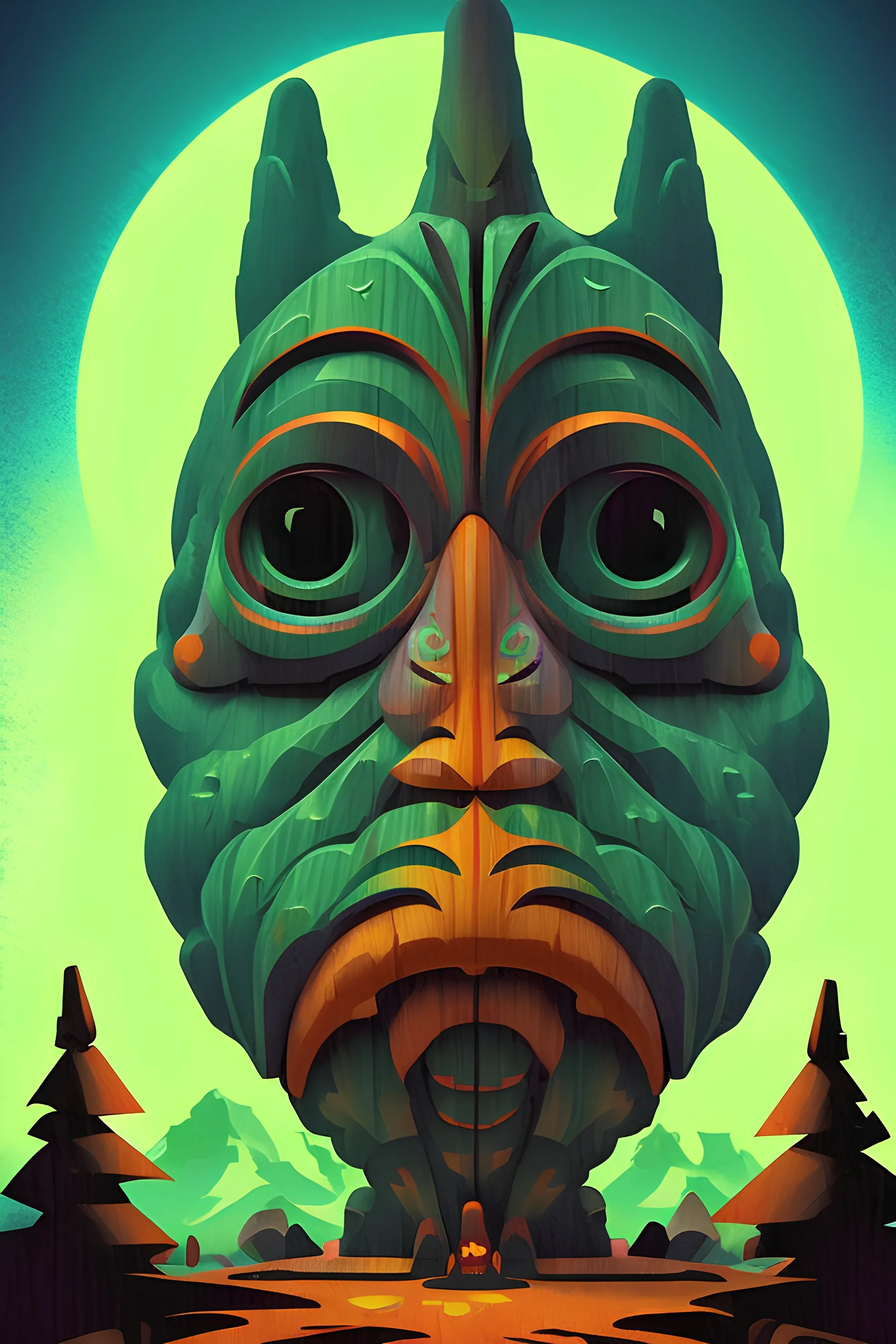 A gnome tiki. digital glitch art, mayan style. detailed gnome sheltering under a mushroom, art deco border, cosmic background with mountains in a mushroom forest getting beamed up from a spaceship. a campfire in the middle of the haunted death cult horror forest. art nouveau