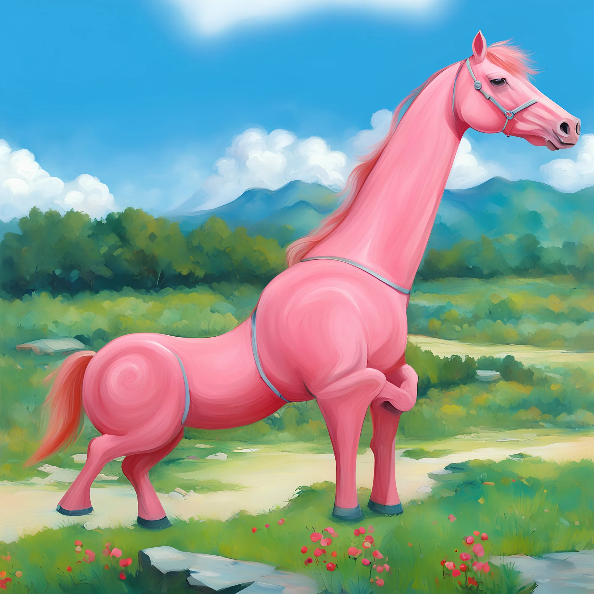 Big pink plastic toy horse.19th painting