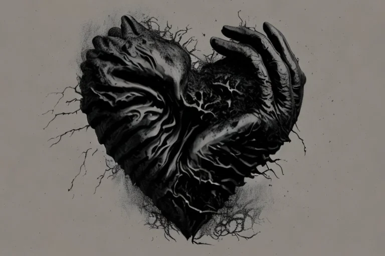 A black hand made out of black smoke violently crushing an anatomically correct heart