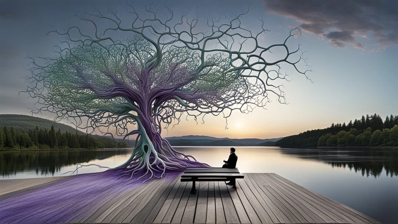 back to the camera a figure sittings on amorph bench in a beautiful landscape and overlooking the water of the nearby lake, calm, harmonious atmosphere, muted dark colors, purple, white, gray, green, blue, brown, silver, black , ,not too colorful colors, Whimsical style and giant stunning neuron network all over the sky, half shadow and half light abyss, surreal stunning vibe