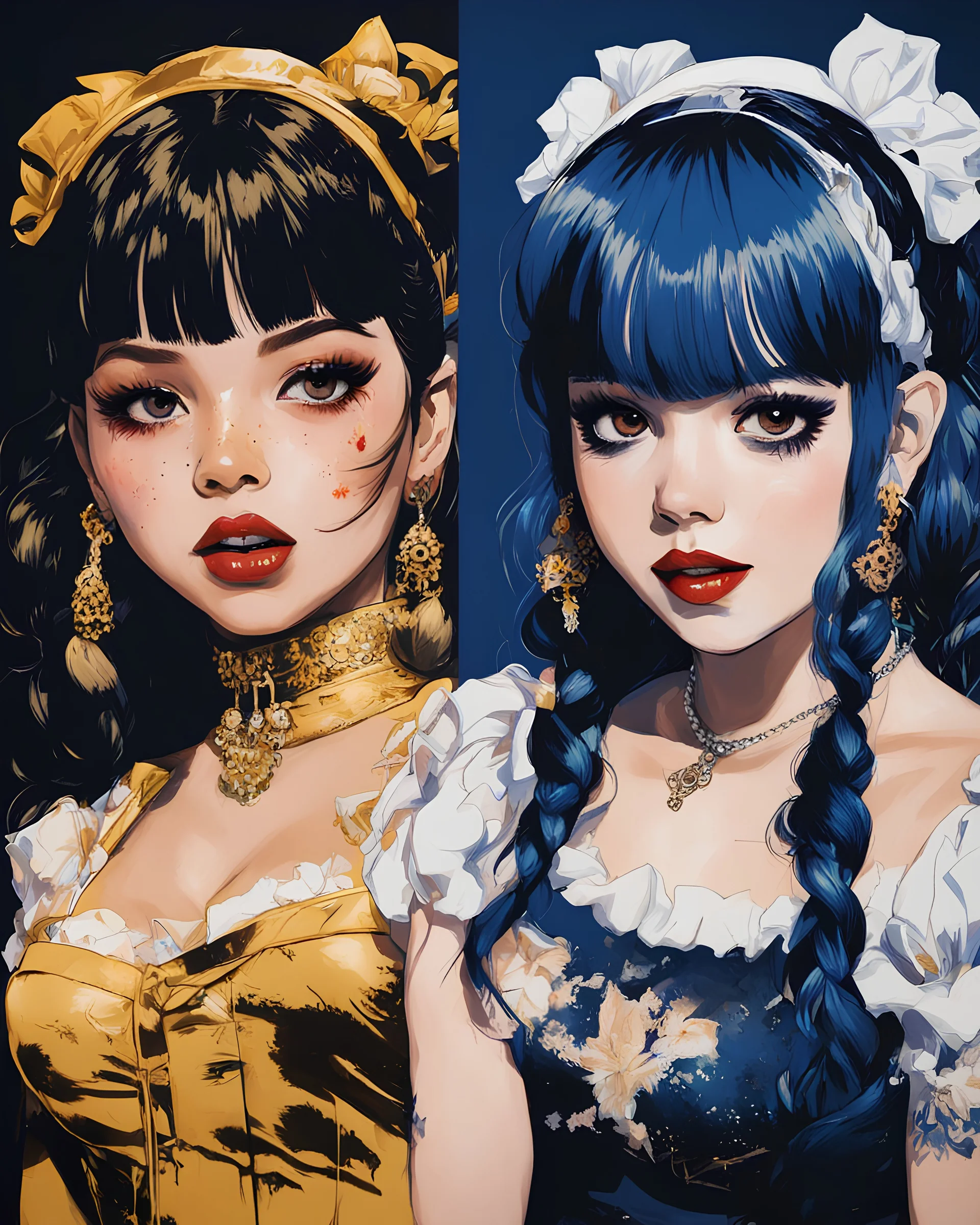 Poster in two gradually, a one side the Genna Ortega as Wednesday face and other side the Singer Melanie Martinez face, painting by Yoji Shinkawa, darkblue and gold tones,