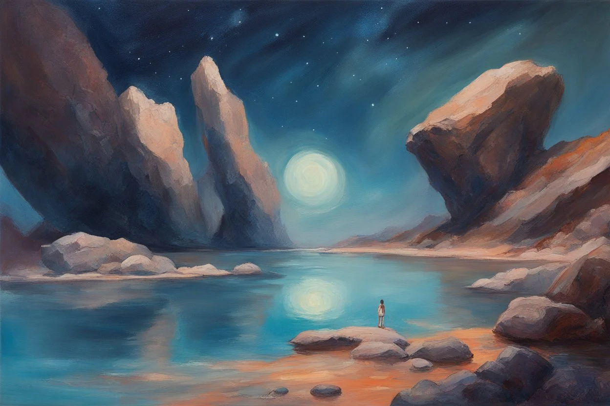 rocks, lagoon, space, very epic, concept art, new age influence, cosmic and philosophic influence, trscendent, jenny montigny and anna boch impressionism painting