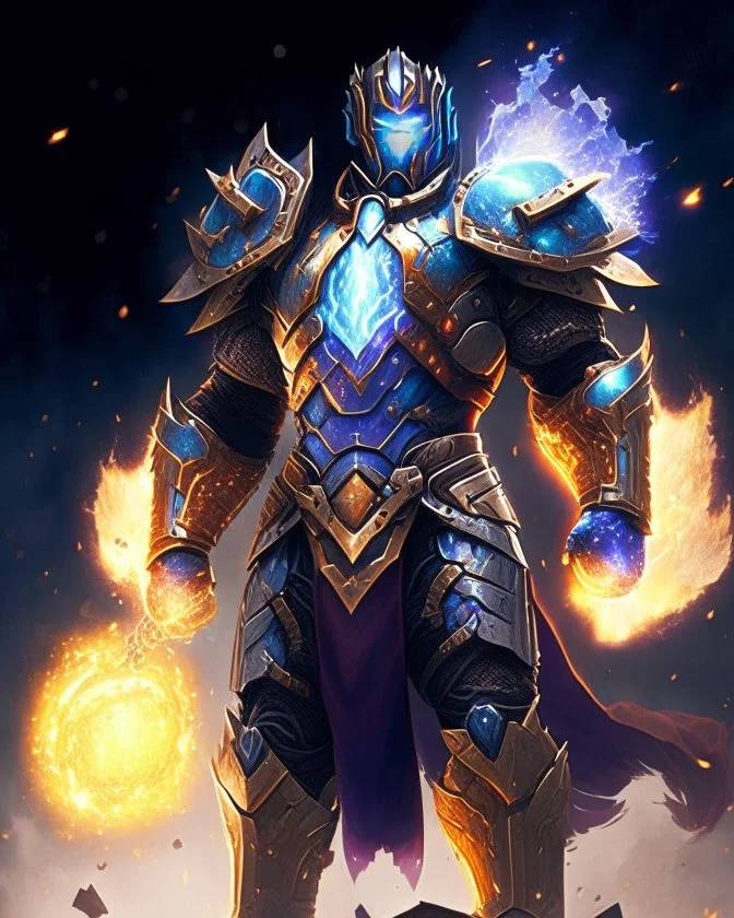 An armor made of a mixture of steel and leather, worn by a strong commander with magical power K's infinity gauntlet has six infinity stones While standing on a majestic height from afar A flaming-eyed commander with flaming light blue pupils stands atop a squire