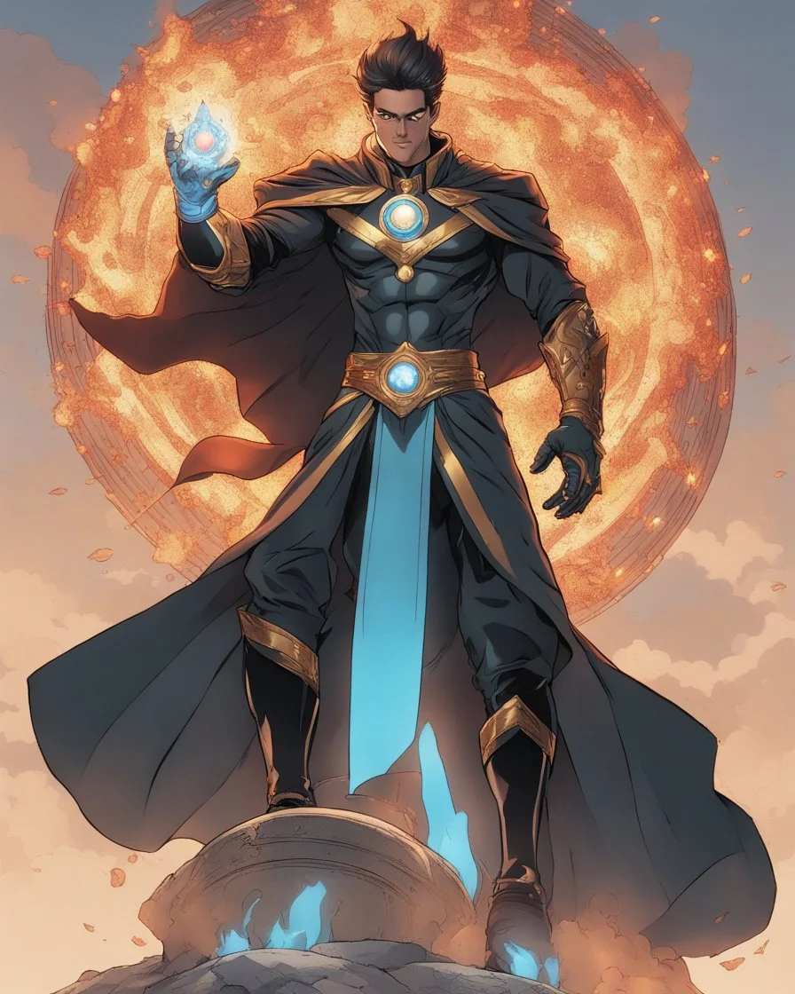 A 25 years boy persian in matte black robes with flaming eyes with grin with flaming light blue pupils stands atop a squire Two infinity gauntlets contain six infinity stones, one of which is made with nano In the hands of a powerful man walking While standing on a majestic height from afar With two big wings