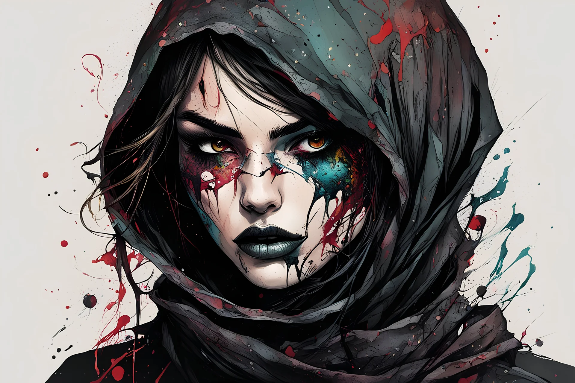 highly detailed , abstract, character concept illustration of a world weary, female thief anti heroine , maximalist, sharp focus, highest resolution, in the styles of Alex Pardee, Denis Forkas , and Masahiro Ito, boldly inked, 8k, coarse, gritty textures