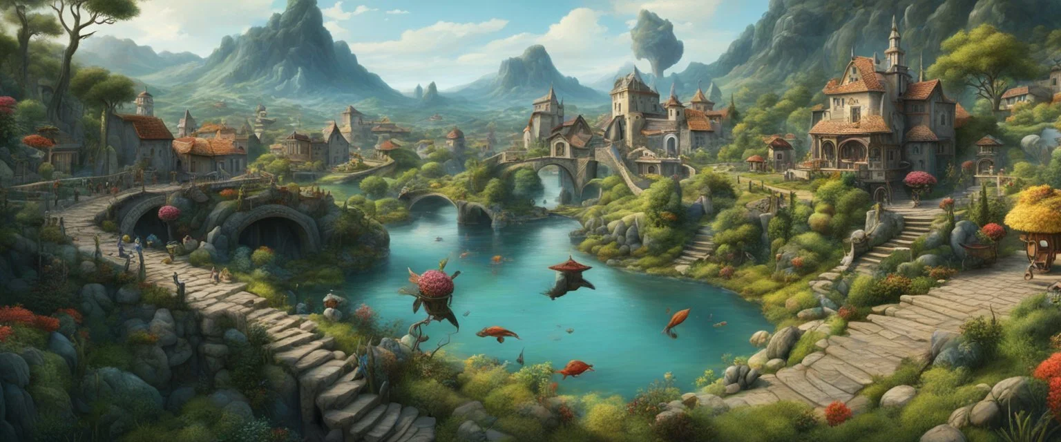 in the style of Dali and Bosch : a beautiful surreal outdoor countryside summer scene with hills, pathways, stairways, streams, waterfalls, water-wheels, intricate dwellings, & an outdoor surrealist market with many weird animals. A small flock of dream-like sky-fish fly high in the far distance : very high detail, photorealistic, epic cinematic, 8K, Large depth of field