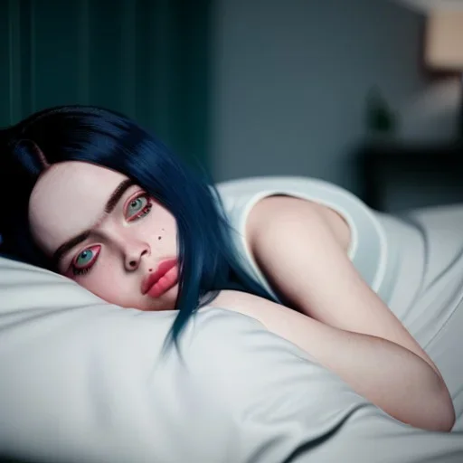 Billie Eilish, full body, on the bed, in my underwear, pale skin, high detail, realistic, 16k, not to be distinguished from a photo, identical pupils