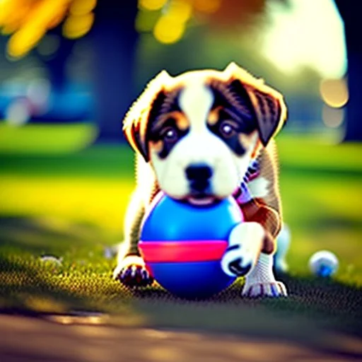 Cute puppy playing with his ball in the park.