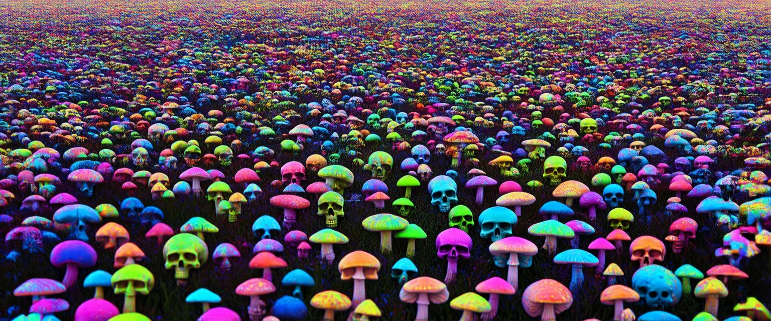 a field of 1000s of psychedelic psilocybin induced anatomically correct, skulls, vivid RANDOM BRIGHT neon colors, dark comedy, well lit, high detail, photorealistic, horrorcore, fun, scary, none featured, each a different color or hue, close to anatomically correct