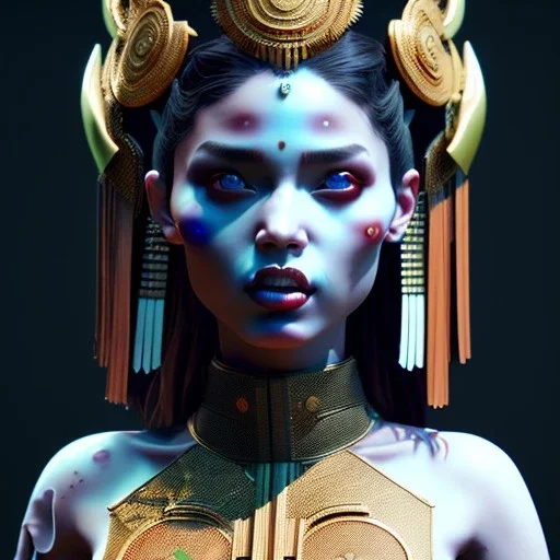 Latin woman, rounded face, blood, black, white, samurai helmet, decorative color feathers, retro, bamboo, leather, soft color, highly detailed, art stations, concept art, smooth, unreal engine 5, god rays, ray tracing, RTX, lumen lighting, ultra detail, volumetric lighting, 3d, finely drawn, high definition, high resolution.