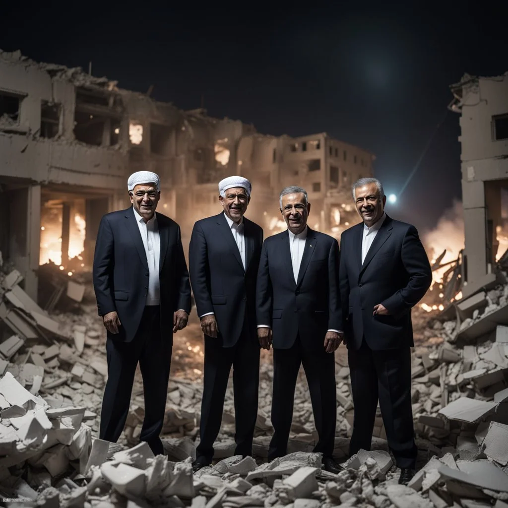 Hyper Realistic Arab countries leaders smiling devilish standing outside the rubble of a destroyed building in Gaza at night with Palestine...