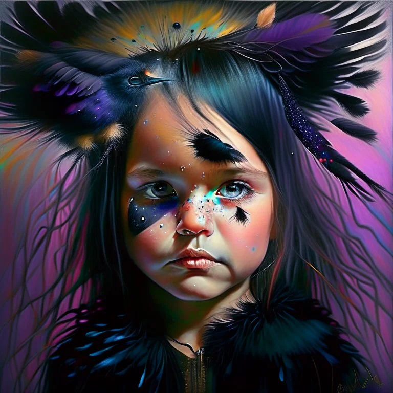 #Leonardai Starling , photorealistic ,pop surreal , lowbrow art ,enchanting portrait of a cute little girl ,representing a starling , feathers in her hair ,black and vibrant colors , sweet , magical , cosy warm light , whimsical, alluring , dazzling ,, expressive