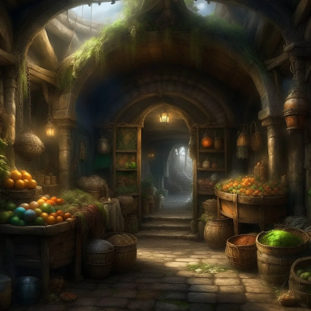 The age old entrance portal to a market for magical items. Magical, Epic. Dramatic, highly detailed, digital painting, masterpiece, lord of the rings, the hobbit