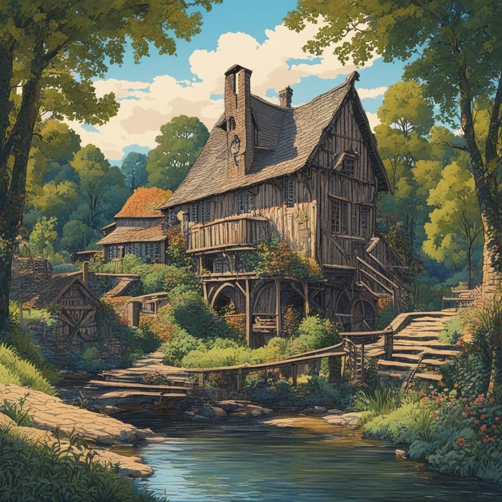 museum quality color woodcut landscape of a fanciful 18th century ramshackle half timber French country millhouse with waterwheel, nestled on the banks of the Dordogne River , on a blissful summer morning, in the style of Gustave Baumann, with a fine art aesthetic, highly detailed, finely cut ,8k render, soft early summer colors