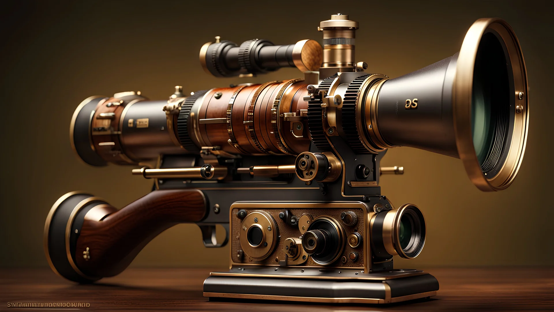 High-end state-of-the-art STEAMPUNK aesthetics flawless DSLR Soviet PPSH-41 submachine gun Camera,front view Highest quality telescopic Zeiss Zoom lens, supreme cinematic-quality photography,waltnut wood handle,Art Nouveau,Vintage style Octane Render 3D technology,hyperrealism photography,(UHD) high-quality cinematic render,Insanely detailed close-ups capturing beautiful complexity,Hyperdetailed,Intricate,8K,