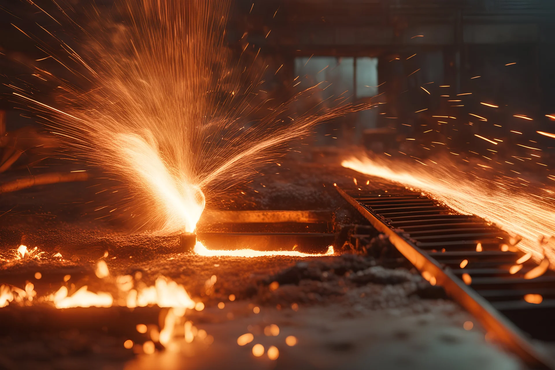 Hot steel in industrial work. streams of molten metal, sparks fly. Camera settings : Full-frame , 100mm lens, f/1.2 aperture, ISO 100, shutter speed 60 seconds. Cinematic lighting, Unreal Engine 5, Cinematic, Color Grading, real time Photography, Shot on 70mm lense, Depth of Field, DOF, Tilt Blur, Shutter Speed 1/2500, F/13, White Balance, 45k, Super-Resolution, Megapixel , ProPhoto RGB, VR, tall, epic Lighting, Backlight, Natural Lighting, Incandescent