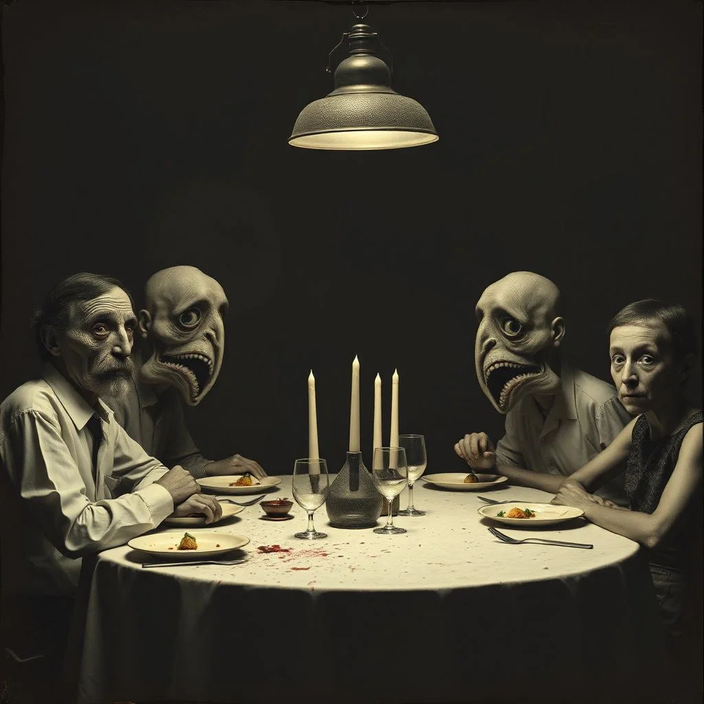 Photo of a family sitting at the dinner table. Hypermaximalist, grime, shadow, fog, unsettling, antique, old, liminal, odd, uncanny, transformational, interesting, rift, cryptic, low-fidelity, unreal, deserted, abstracted, twins, ambiguous, surreal, jaws, elongated, oblong, undulating, mouths, eyes, eerie, Max Ernst