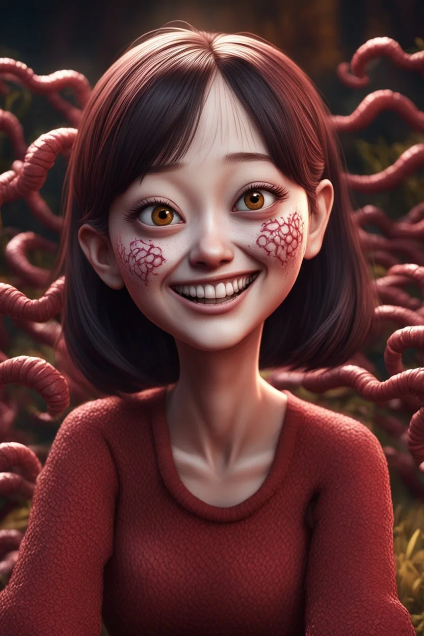 Woman smiling, little worms streaming from his eyes, siting pose, fullbody, Junji Ito style, darkred tones, high detailed, 4k resolution, digital paiting, 3d pixar disney the cinematic FKAA, TXAA, and RTX graphics technology employed for stunning detail.