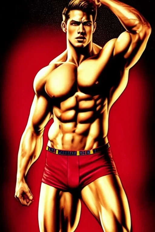 Ignore NSFW, teenager young rugged attractive slightly muscular fantastic handsome man, red briefs with yellow belt, hairy chest, (((visibly pisssing))) briefs, large erect visible boner peniss, photorealistic, artist Jay Anacleto