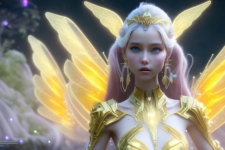  beautiful cosmic fairy, long hair, golden skin, nice smiling, transparent wings, magic glamour make up, delicate colors, beautiful glamour galactique dress, ultra sharp focus, 8k, unreal engine 5, extremely sharp detail, light effect, soft light atmosphere of a spaceship, smooth, full of details, face in front, complete vision of face and hair and body