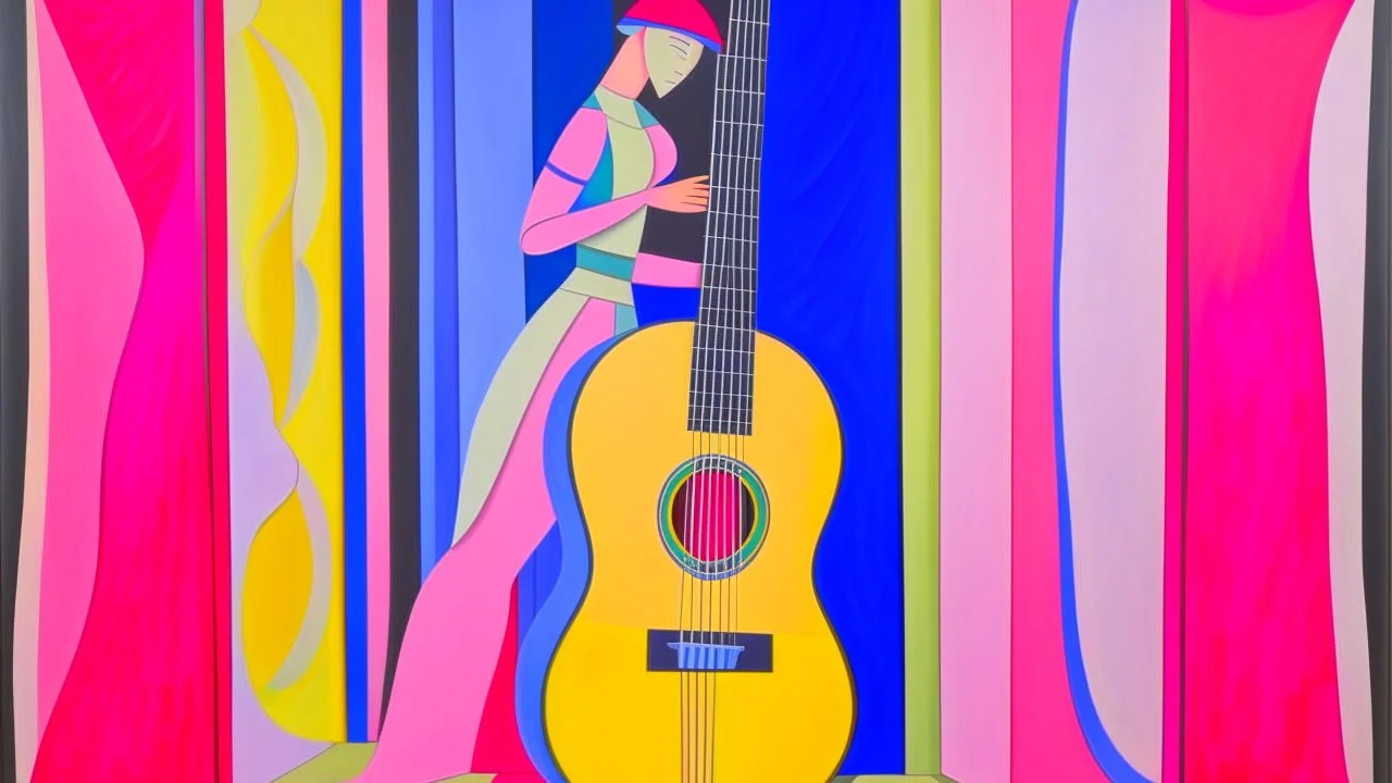 Polichinelle with Guitar Before the Stage Curtain; Ilya Bolotowsky; salmon to pastel pink to white gradient