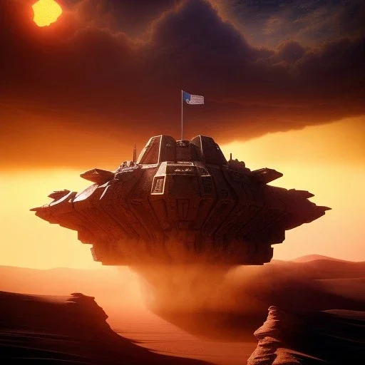 volumetric dramatic desert Battle scene with futuristic hovering military armored Hovercraft painted by chris foss, floating, 4k, 8k, Minutiae, highly detailed, pennant, hovering, stripes, sunset [duststorm, nimbus clouds]