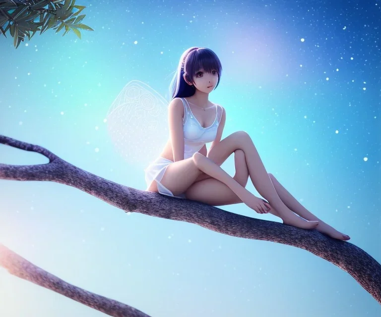 a detailed illustration of a anime girl sitting on a tree branch, luminescent body, glinting spread wings, realistic, soft and smooth glowing wings, soft feathers, macro lens, sharp focus, meticulously detailed, soft studio lighting, smooth blurred gradient evening sky background, 64k