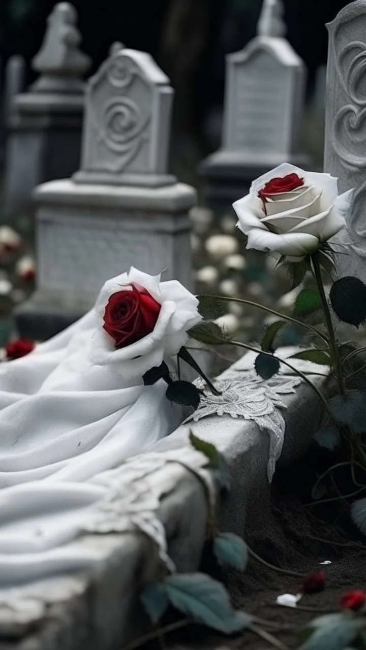 A grave above it a white lace scarf and blood on it. white roses. Cinematic picture