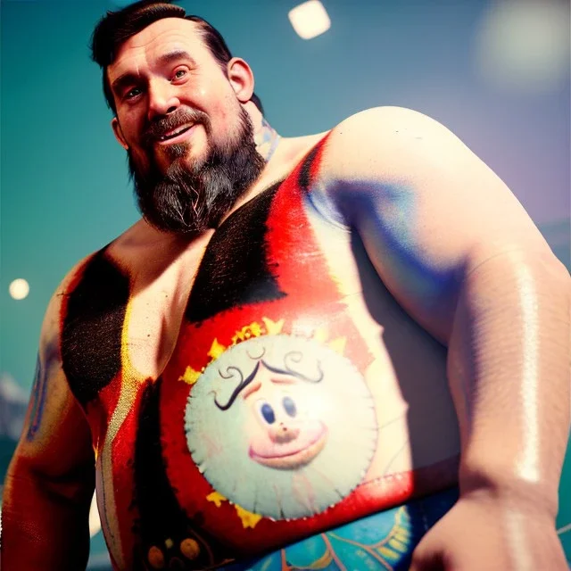 Ultra realistic circus scene. Classic Naked strongman, waist up view, old school tattoo, Wes Anderson style, happy, bubbles, butterflys, highly detailed, concept art, unreal engine 5, god rays, ray tracing, RTX, lumen lighting, ultra detail, volumetric lighting, 3d, finely drawn, high definition, high resolution.