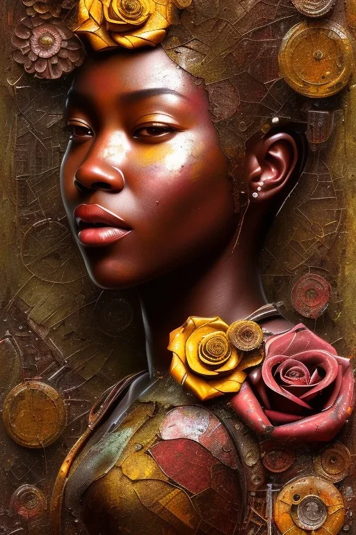 an abstract painting of rusted metal and flowers, african portrait, rust, scaffolding, iron cladding, decay, mixed media, textured, anatomically correct, beautiful perfect face, sharp focus, highly detailed