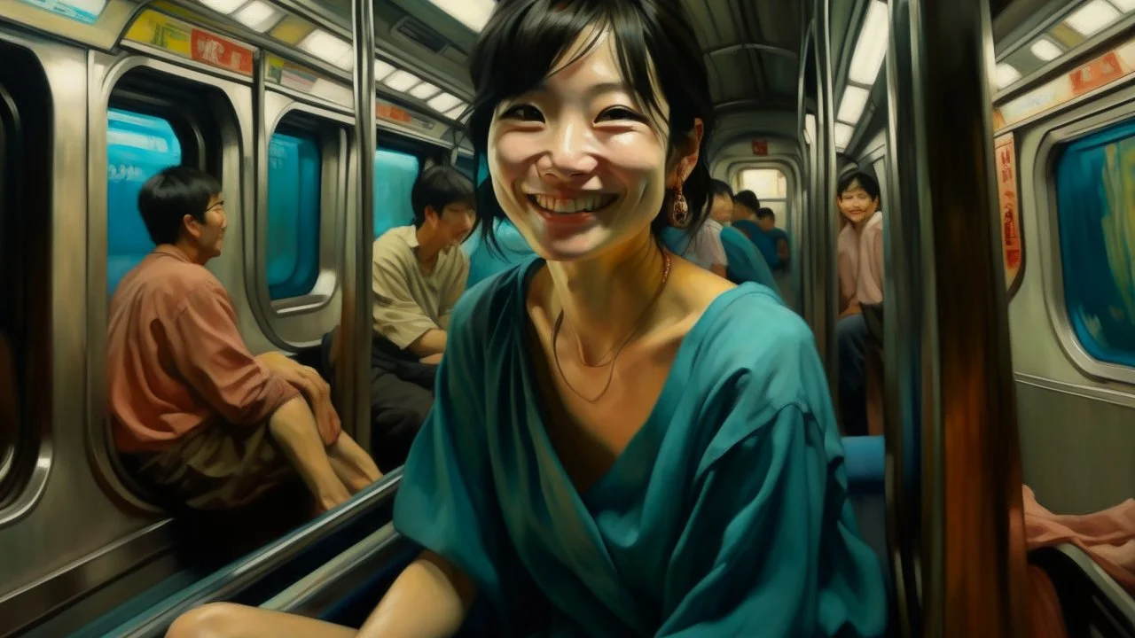 Neoclassicism 2 japanese woman smiling sitting in metro realistic cote d'azur painting colorfull