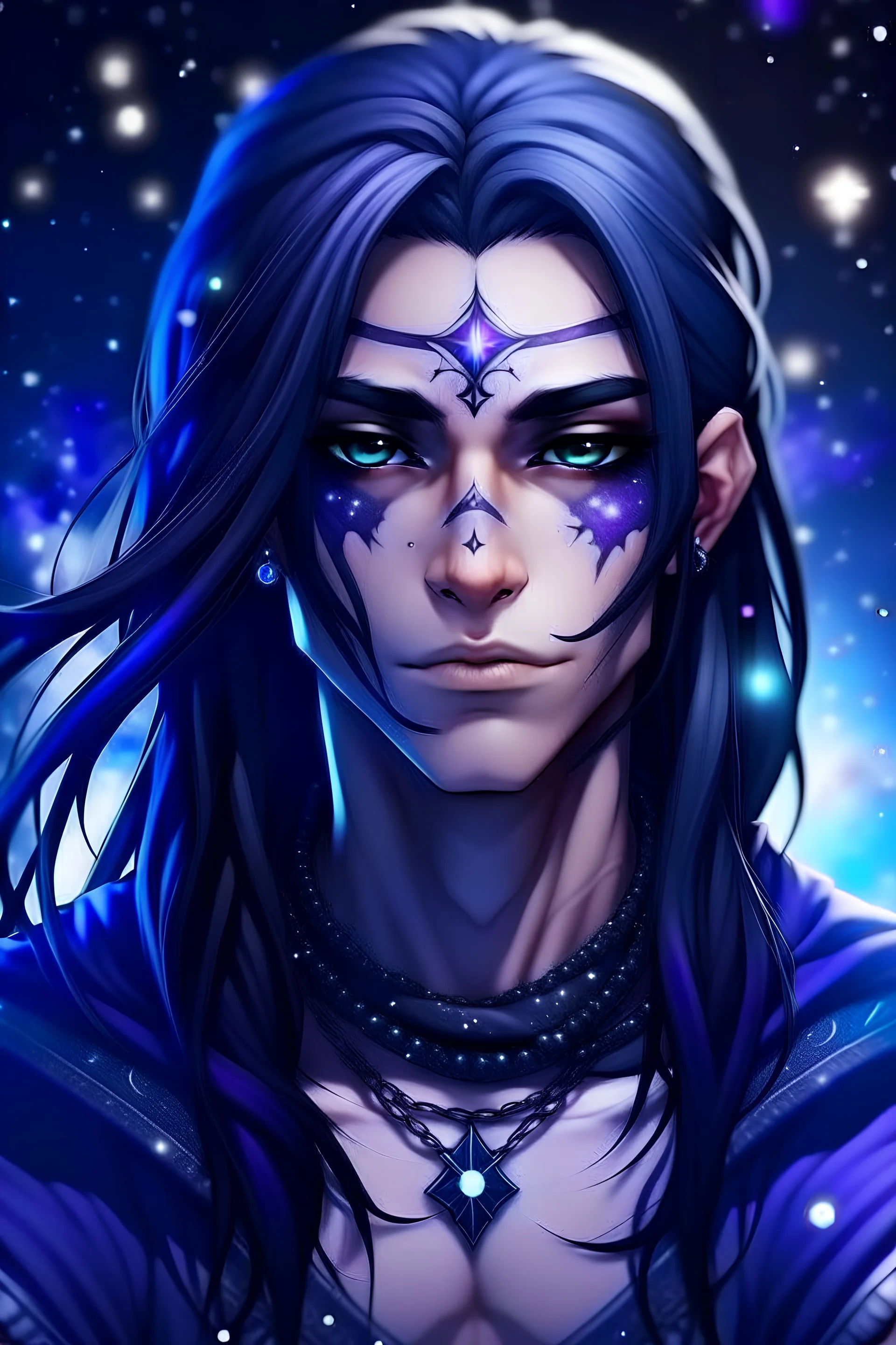 Shadar-Kai twink with icy eyes long dark purple hair and star tattoos with a space background