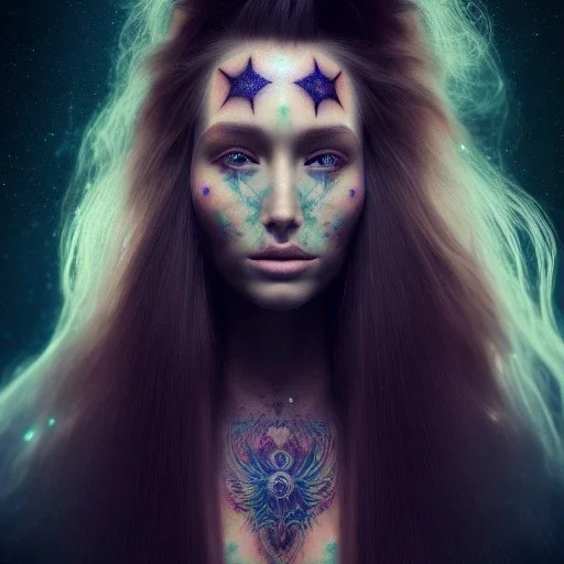 "perfect long-haired woman, full face tattoo of stars and galaxies extending past face and morphing into reality, 8k resolution, high-quality, fine-detail, intricate, digital art, detailed matte, volumetric lighting, octane render