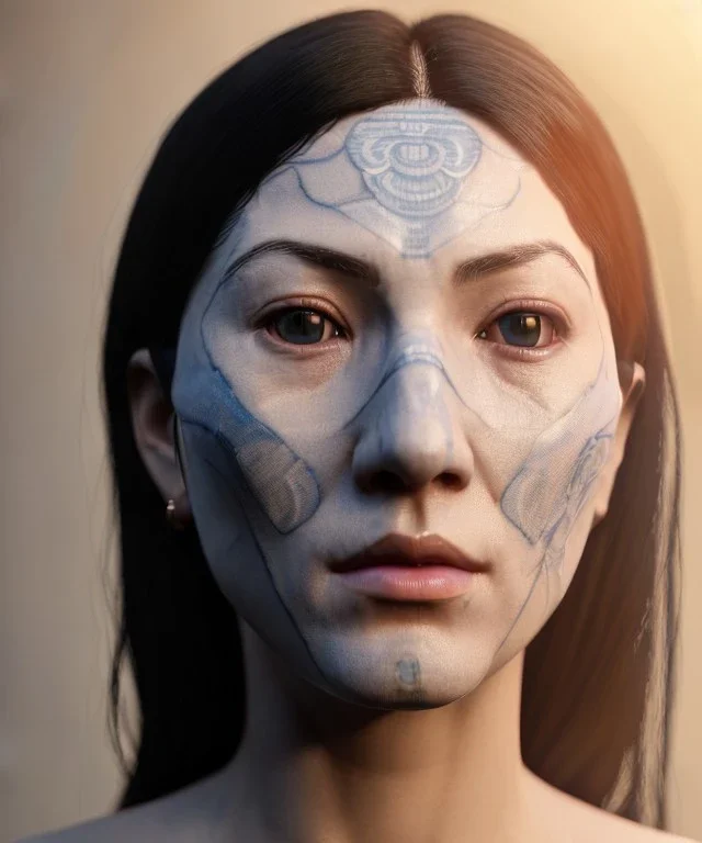 Simetric Realistic image portrait. Sweet woman head traditional japanese porcelain mask. Smooth. Dark ambient. Cold. God light. 4k resolution, intricate details, ornate details, soft lighting, unreal engine 5.