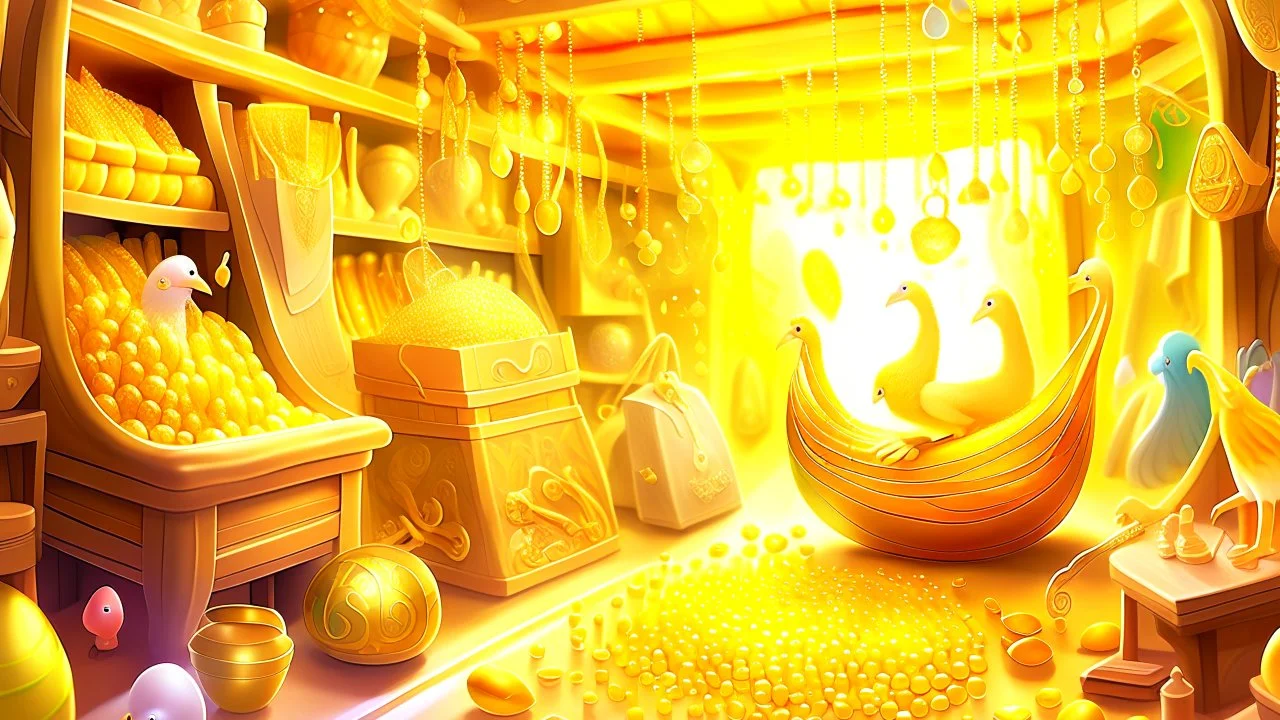 Fantasy digital illustration: = room full of treasures, including bags of gold, a magical hen that laid golden eggs, and a singing harp