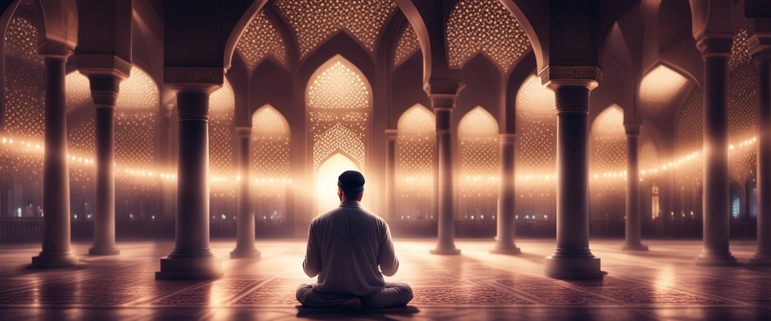 Hyper Realistic Man Praying & Ramadan Lights inside a beautiful mosque at night