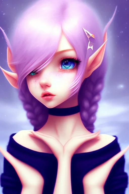 girl, cute, beautiful, big nose, pink hair, long hair, blue eyes, black sweater, long eyelashes, yandere, elf ears