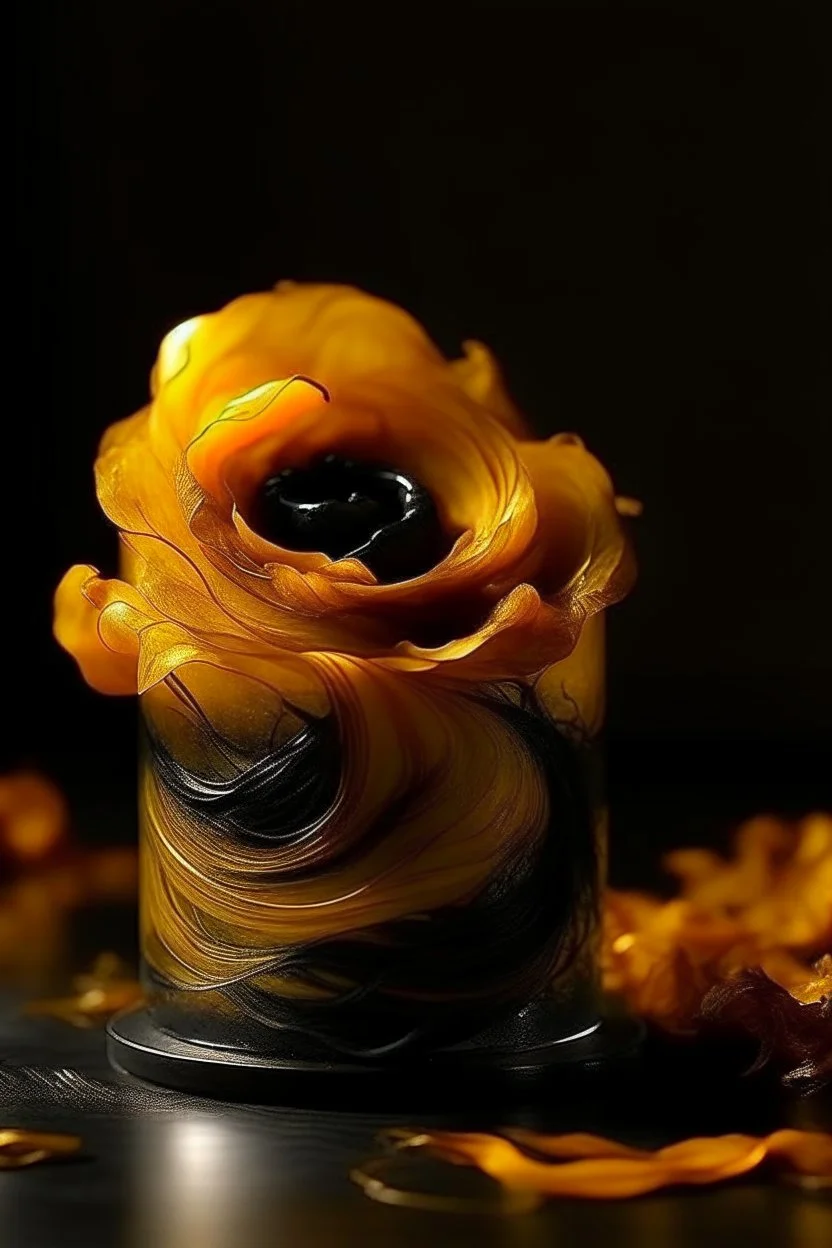 magic candle made of whirlwinds, golden black, close-up, petals, realistic, botanical