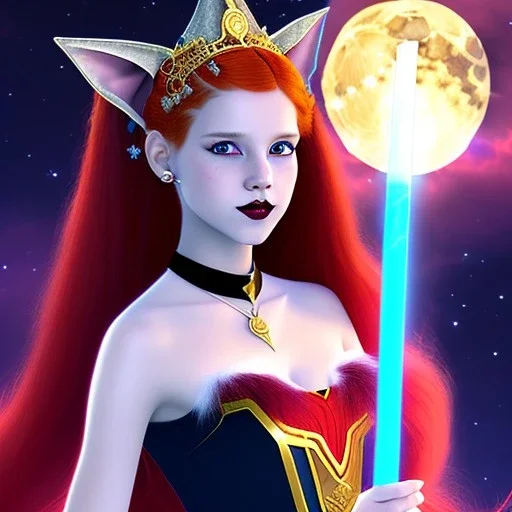 Attractive young teenage girl with fire red hair wearing a tiara, who is dressed like a witch casting a spell with a quarterstaff on the moon, she has cat ears and open dazzling blue eyes, has a normal nose, background is realistic space, the girl is on a planet, black goth girl dress, full body portrait, arm colors gradient effect into stars, rendered, unity 3d, unreal engine, dslr, hdr, 4k, edited, photorealistic, normal number of appendages, freckles, artists rendered,