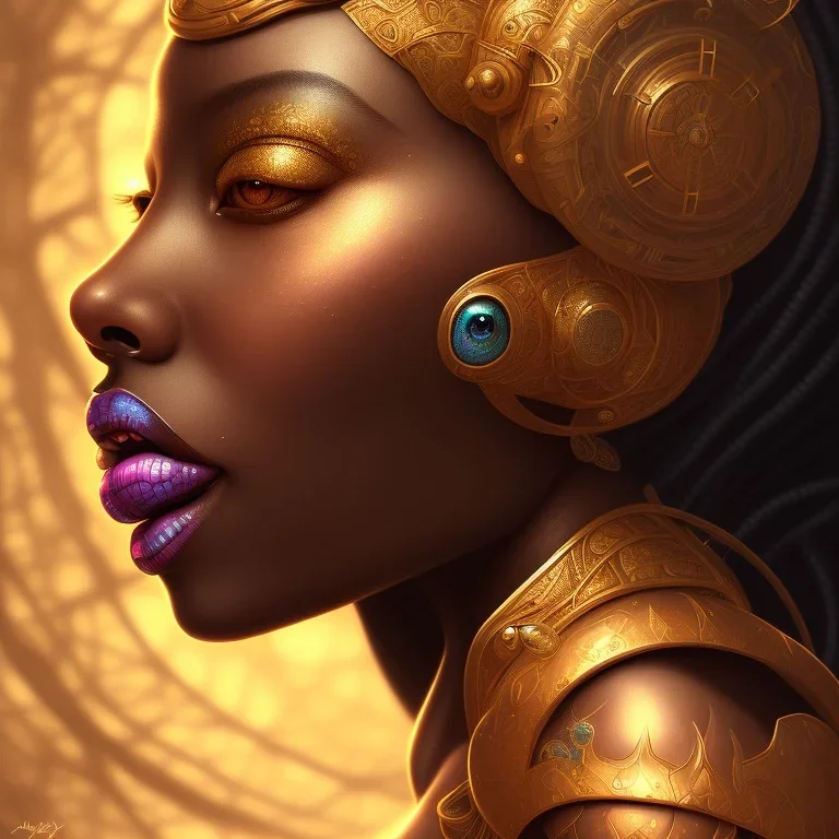 sango fantasy, fantasy magic, intricate, sharp focus, illustration, highly detailed, digital painting, concept art, matte, masterpiece head sexy front view black African beauty space lady gold carp skin one head African space night