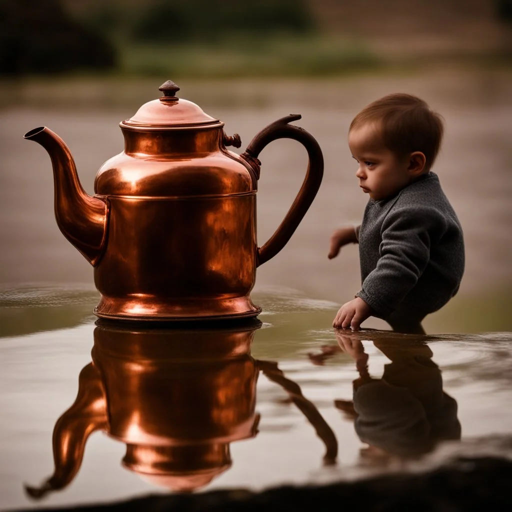 The reflection of a child on the surface of an old copper teapot