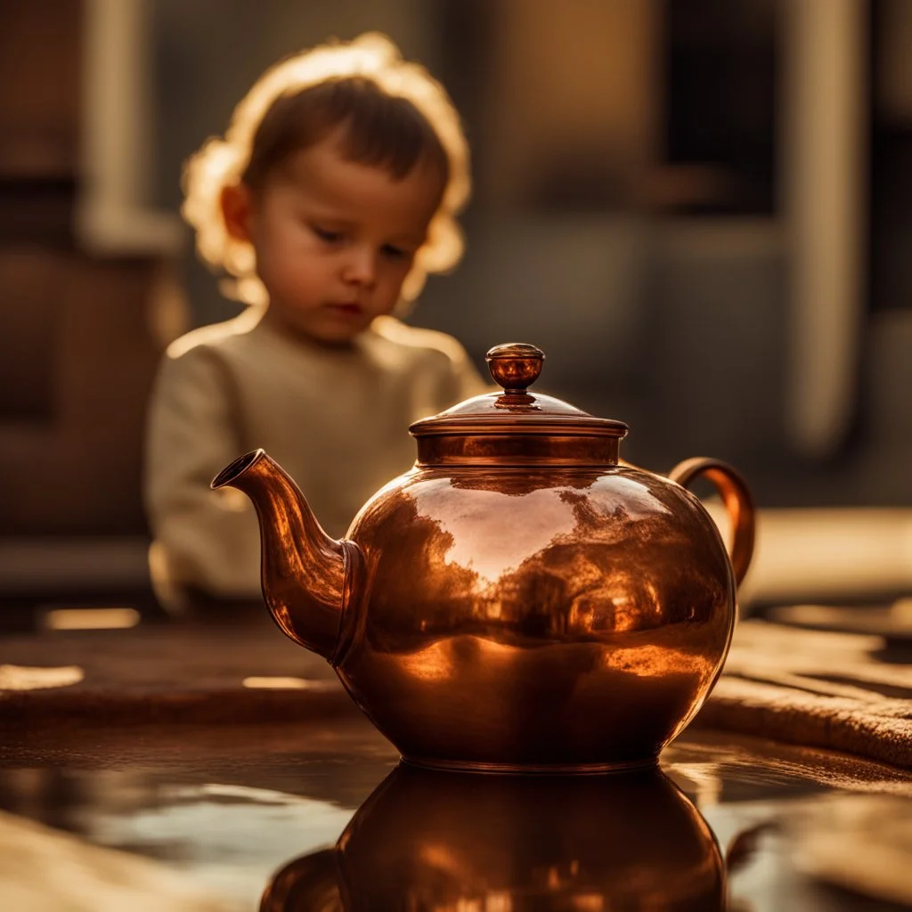 The reflection of a child on the surface of an old copper teapot