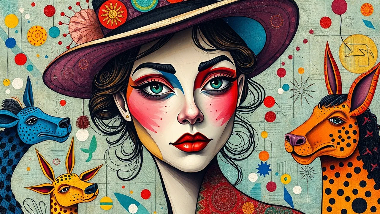 Inspired by a mix Kandinsky and Picasso. Vibrant, abstract, whimsical, close up a woman wear hat. geometric, colorful, expressive, playful, textured, quirky, surreal, artistic, imaginative, bold, eccentric, lively, dynamic, intriguing, symbolic, creative, angular, curious, bright, harmonious, detailed, layered, modern, eye-catching, humorous, spontaneous, vibrant, mysterious, unique, A whimsical celebration of many people play with tame animals, color and detail,