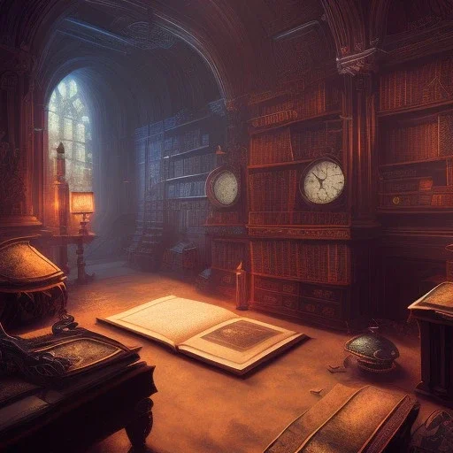 dark fantasy concept art, dynamic lighting, hyperdetailed, intricately detailed, Splash screen art, deep color, Unreal Engine, volumetric lighting, fantasy library artwork, indoors, cozy, leather, wood, clock, library, books,