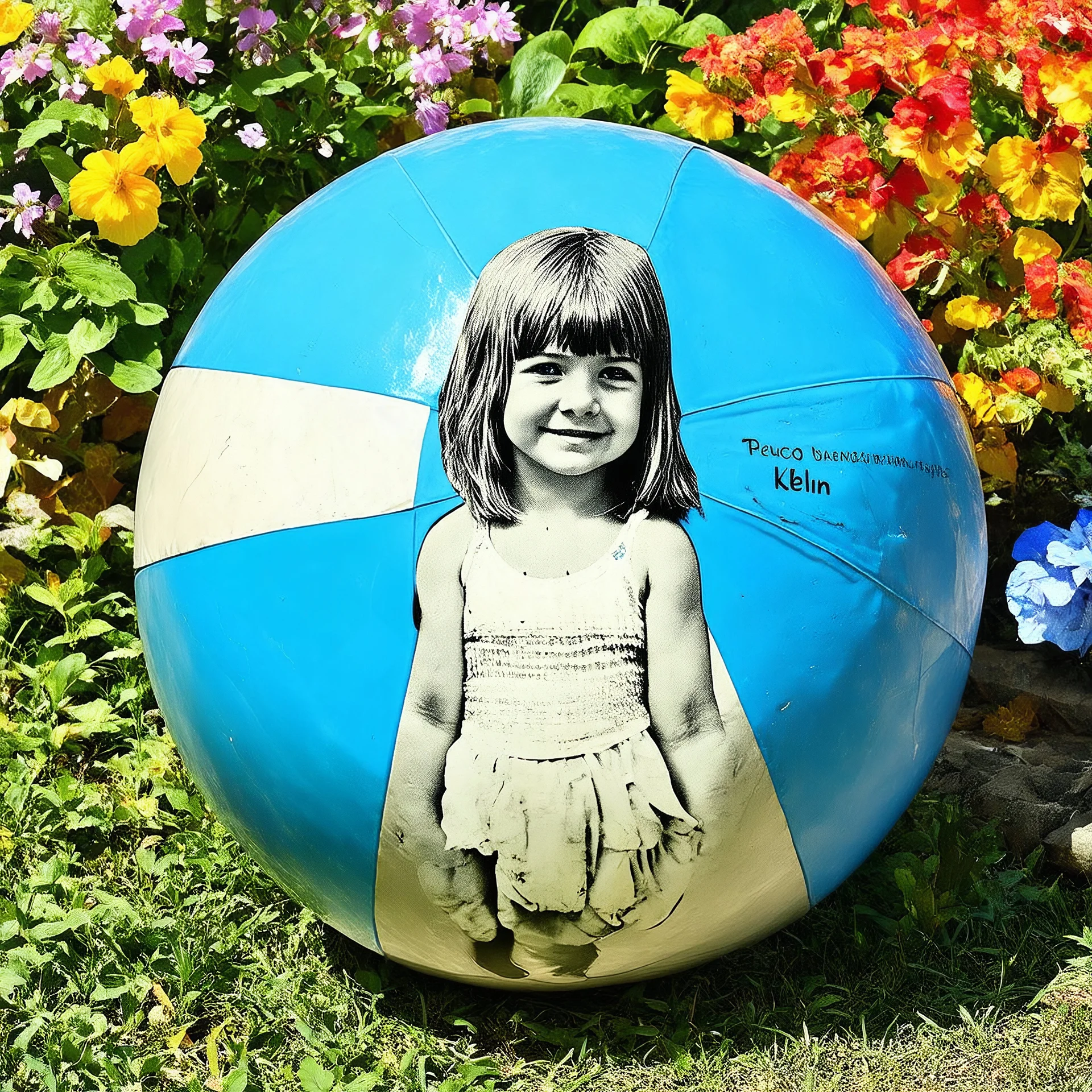 An old autochtome of a girl in a garden, a beach ball,, Klein blue color