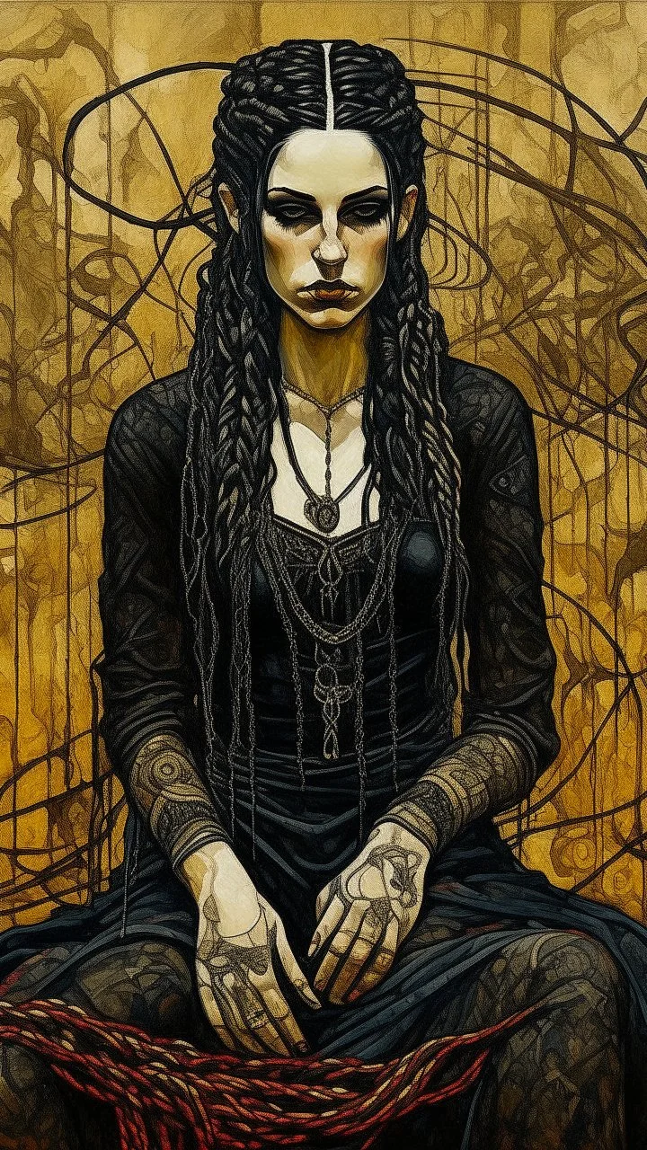 highly detailed, full body oil painting, petite goth woman of Spanish and Lebanese heritage with long dark braided hair, sharply defined angular facial features, anatomic perfection, by Andrea Kowch> <Yoji Shinkawa><Arthur Rackham> <Jean-Giraud Moebius, saturated vibrant natural color tones, precisely drawn and inked, 8k resolution